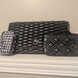 Black Quilted Shoulder Bag with chain strap, Wallet and Accent Coin-Purse - set
